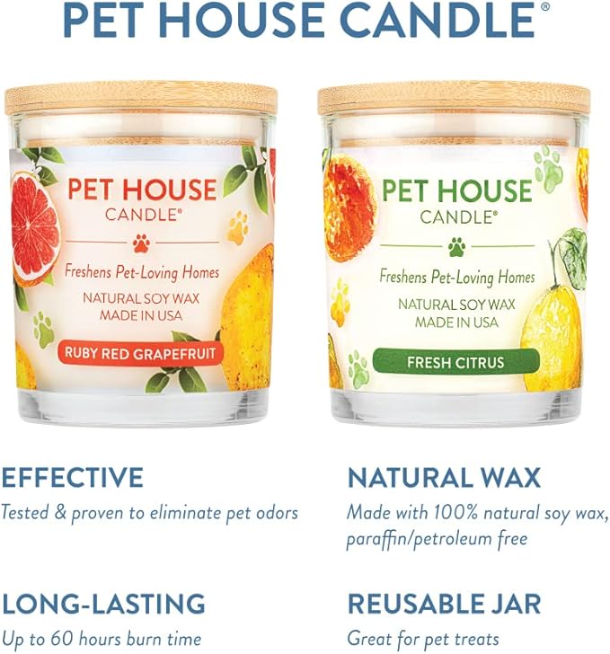 One Fur All Pet House Candle 2 Pack - Plant-Based/Soy - Clean Burning, Long Lasting Pet Odor Candle - Ruby Red Grapefruit, Fresh Citrus