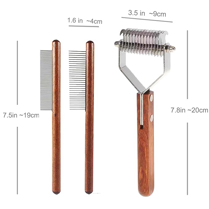 Undercoat Rake for Dogs and Cats, Pet brush for Dematting Comb, Pet Grooming Combs For Long-Haired & Short-Hair, Removes Dander, Dirt, and Detangles,With Wooden Handle 3 pack.