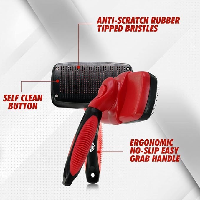 Outrav Self Cleaning Slicker Brush Dog & Cat Grooming Tool with Retractable Bristles Red, Animal Print, 1 Count (Pack of 1), Assembled, Metal & Rubber Construction, 7 Inches
