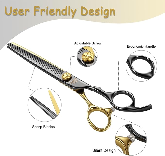 Black & Gold Professional Thinning Dog Grooming Scissors with Decorative Screw Sharp and Durable Japanese 440C Stainless Steel Pet Cat Texturizing Thinner Shears with Safe Round Tip 7.5''