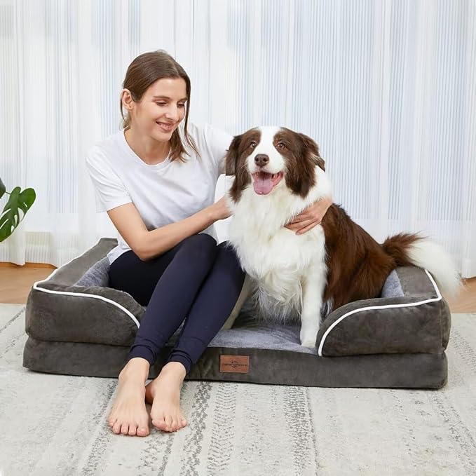 Orthopedic Memory Foam Dog Bed, Cooling Dog Bed for Large Dogs, Waterproof Dog Beds, Washable Dog Bed with Removable Cover,Pet Bed Dog Sofa with Bolster(Large,Olive Green)