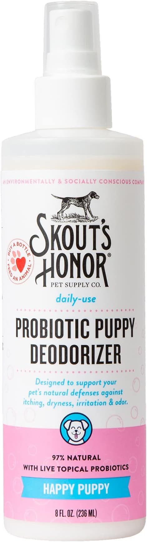 SKOUT'S HONOR Pet Deodorizer Spray- Hydrating Daily-Use with Avocado Oil & Omega-3s, Paraben & Sulfate-Free, 97% Natural, 8oz, Happy Puppy
