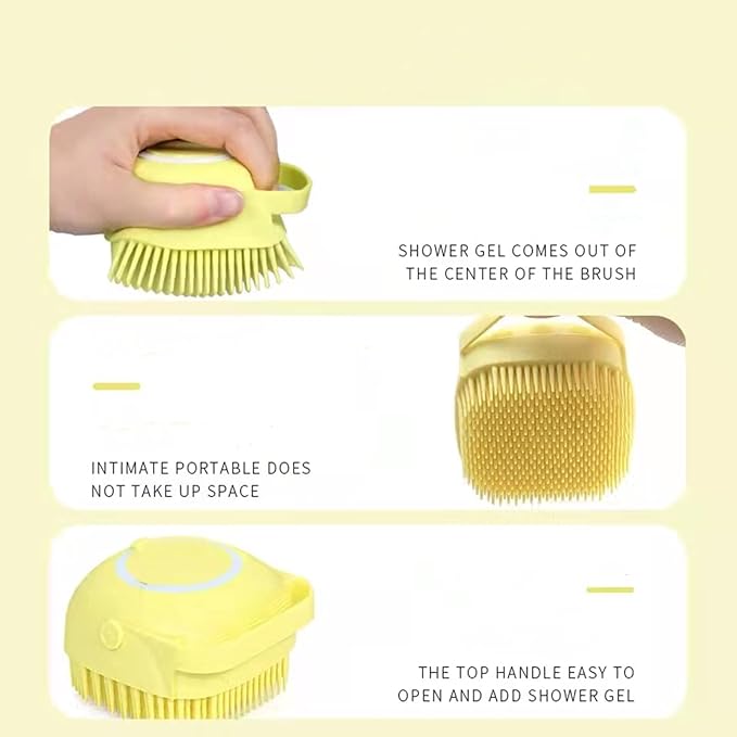 Pet Dog Bath Brush Soft Silicone Dog Shampoo Brush, Fur Grooming Cleaning Brush Shampoo Dispenser (Yellow)