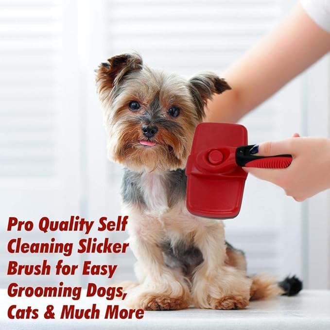 Outrav Self Cleaning Slicker Brush Dog & Cat Grooming Tool with Retractable Bristles Red, Animal Print, 1 Count (Pack of 1), Assembled, Metal & Rubber Construction, 7 Inches