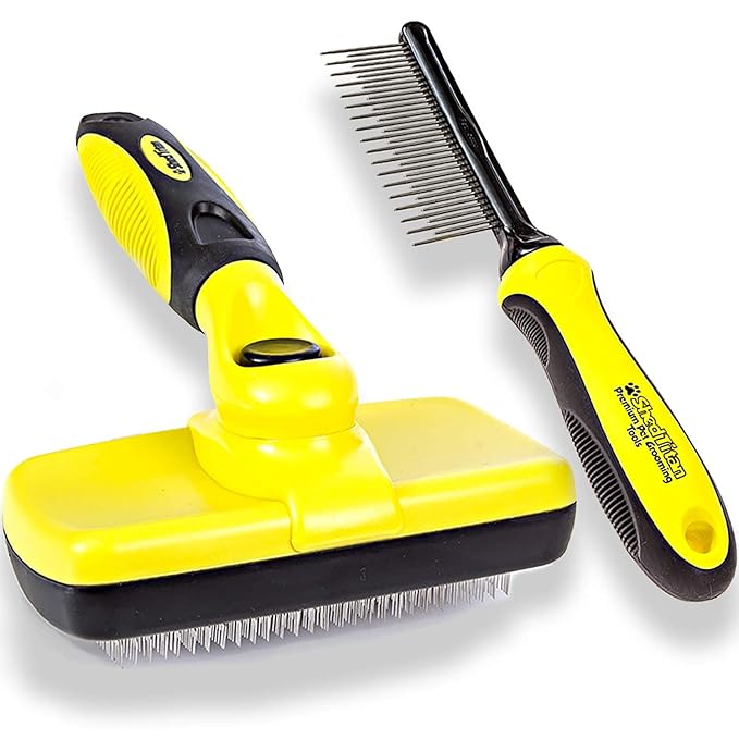 Slicker Dog Brush for Goldendoodles, Poodles & Dematting Pet Comb Value Kit - Easy Self Cleaning Slicker Brush for Grooming Dogs, Golden Doodle, Poodle, Cats - Detangle Comb Removes Matts