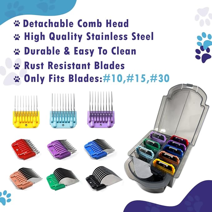 Professional Animal Stainless Steel Attachment 9 Color Guide Comb Set,Compatible with Andis, Oster A5, Wahl KM Series Clipper Detachable Blade Pet, Dog, Cat, and Horse Clippers