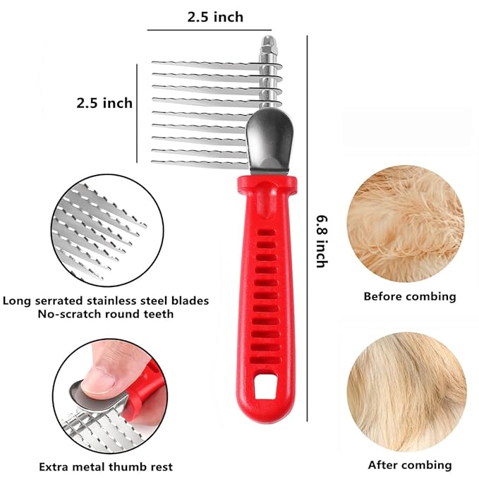 QUMY Dog Comb for Dematting, Stainless Steel Pet Grooming Comb, Removes Dead, Matted or Knotted Hair, Finishing and Fluffing, Comfort-Grip Handle - Pack of 1