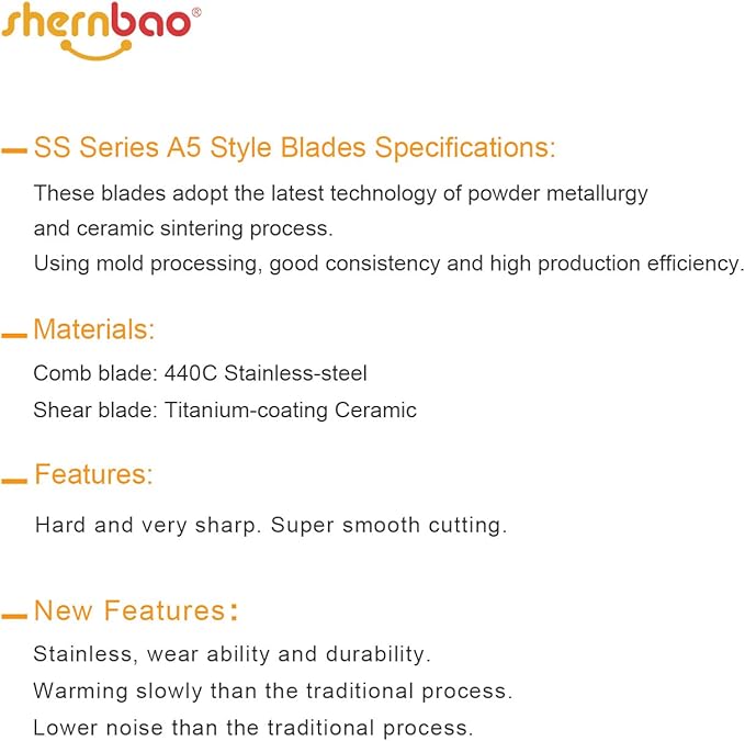shernbao A5 Style Detachable Pet Clipper Blades, Made of Titanium Coating Ceramic & Stainless Steel, Compatible with Most Andis, Oster, Wahl A5 Clippers.