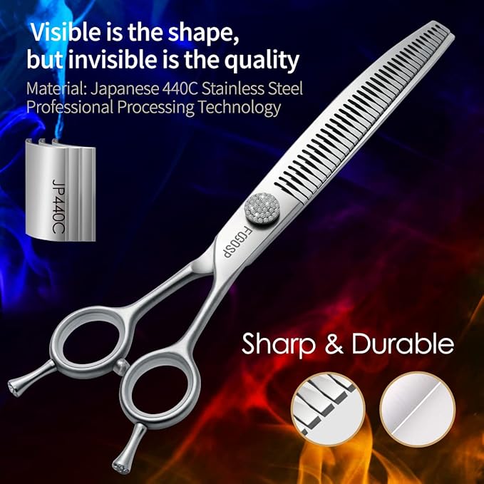 8.0'' Curved Chunkers Shears for Dog Grooming Professional Magic Dog Grooming Scissors with Big Artificial Diamonds 38 Teeth for Large Dog(8.0 in, Curved Chunkers)