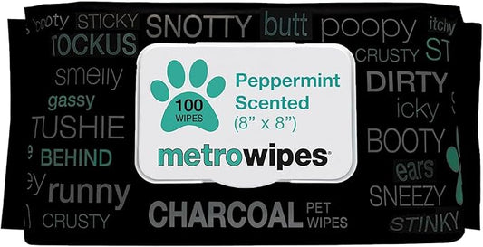 MetroPaws Peppermint Scented Charcoal Dog Wipes, 100 Extra Large & Thick Cleaning Wipes Ideal for Cats and Dogs, for Paws, Butt, Ears and Eyes