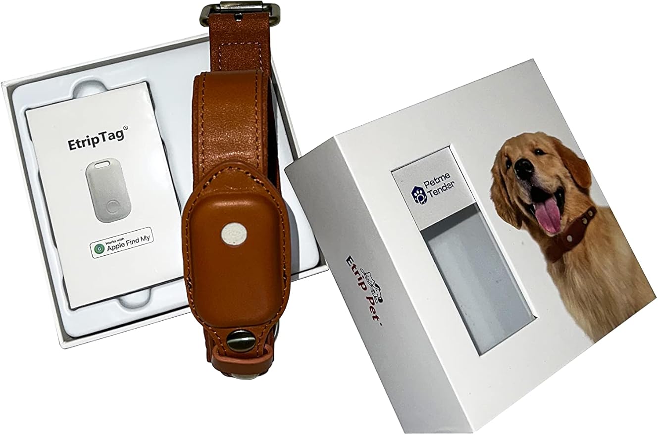 EtripTag Tracker Global Positioning Device GPS Finder Works with Find My app and Authorized MFI with Genuine Italian Leather Collar Large 23.5in Long for Dogs