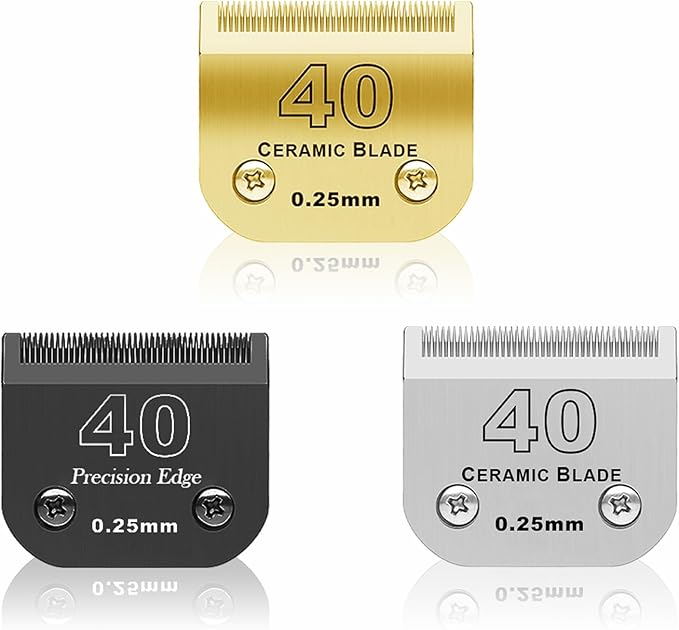 3 Color 40# Detachable Pet Dog Grooming Ceramic Blades,Compatible with Andis,Oster A5,Wahl KM-10 Series,Size #40 Blade 1/100-Inch 0.25MM Cut Length(Silver+Black+Golden)