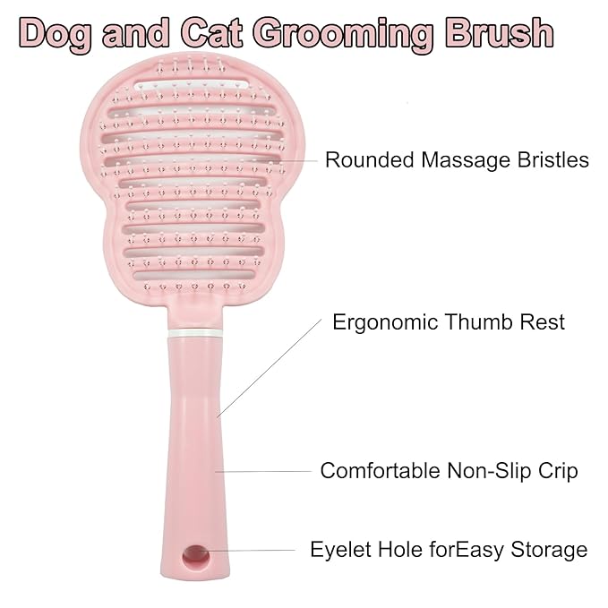 Pet Curved Vented Detangling Brush, Eco-Friendly Pin Brush for Dogs and Cats | Ergonomic Handle Pet Comb for Wet or Dry Hair, Gentle Grooming Tool for Pets, Pink