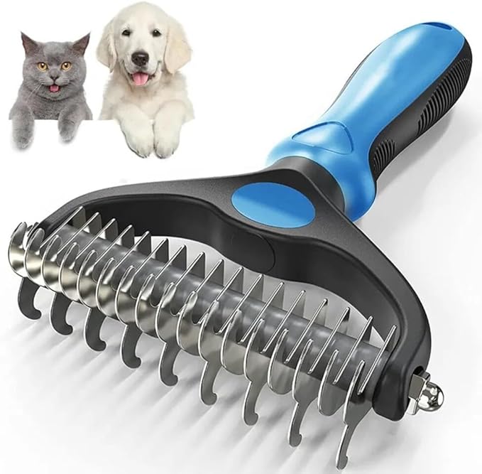 Pet Dog and Cat Deshedding Brush Grooming Tool Fur Removal - Double Sided Undercoat Rake Shedding Comb Mat Remover Deshedder Safe Detangler for Matted Hair/Fur, Blue
