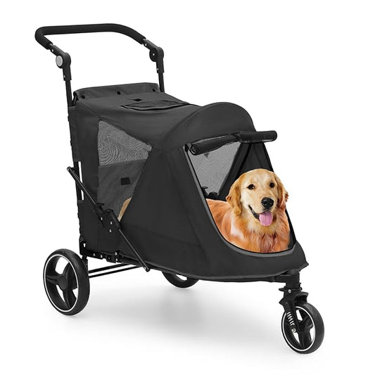 MoNiBloom Pet Stroller for Large Dogs or Multiple Dogs Cats with Adjustable Handle, 3-Wheels Dual Entry Portable Dog Carting Easy Folding Pet Wagon Double Dog Stroller up to 55 lbs, Black