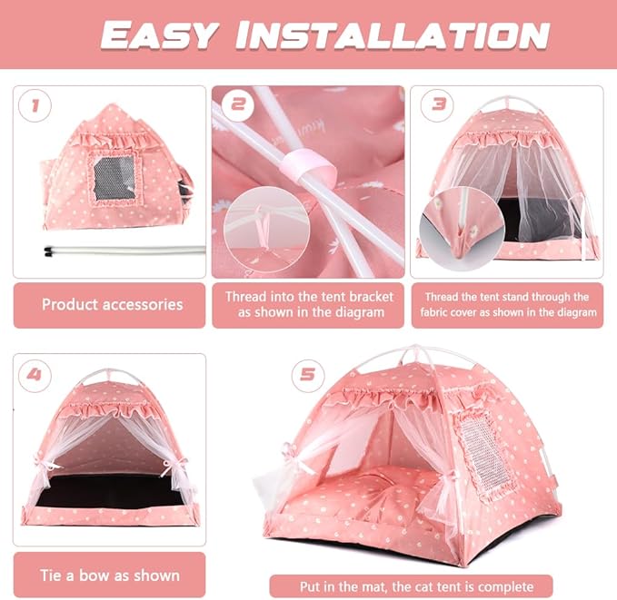 pawstrip Dog Tent Indoor Cat House Pink Puppy Bed Portable Pet Teepe Princess Dog Camping Tent Outdoor Kitten Houses Cute Bunny Nest Girl Kitty Cave