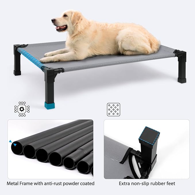 Cooling Elevated Dog Bed, Raised Dog Bed with Washable Breathable Mesh and Metal Frame, Portable Dog Cot Bed with No-Slip Feet for Outdoor and Indoor Use