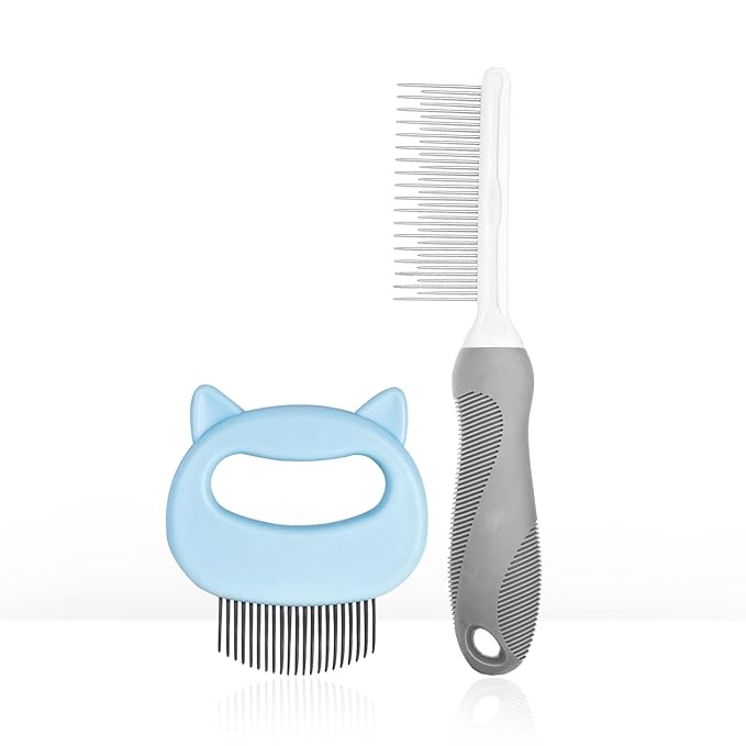 SKYPIA Dog & Cat Combs For Home Grooming Massage Kit – 2-IN-1 Detangler Brush with Massaging Shell Comb For Long & Curly Hair, Removes Knots, Mats and Tangles Pet Hair Remover Soft Dematting and Deshedding For Dog Puppy Rabbit (Blue, 2 Pcs)