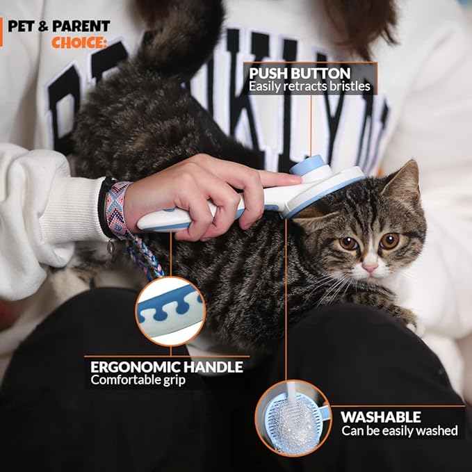 Self Cleaning Cat and Dog Grooming Brush for Mats and Tangled Hair, Soft Bent Needles for Pet Massage, Skin Friendly, Shedding Brush for sensitive Medium and Short Hair, Cepillo Para Gatos
