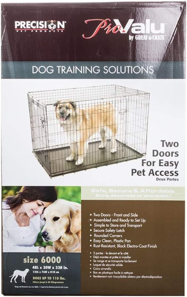 Precision Pet Products Two Door Provalue Wire Dog Crate, 48 Inch, For Pets 90-125 lbs, With 5-Point Locking System