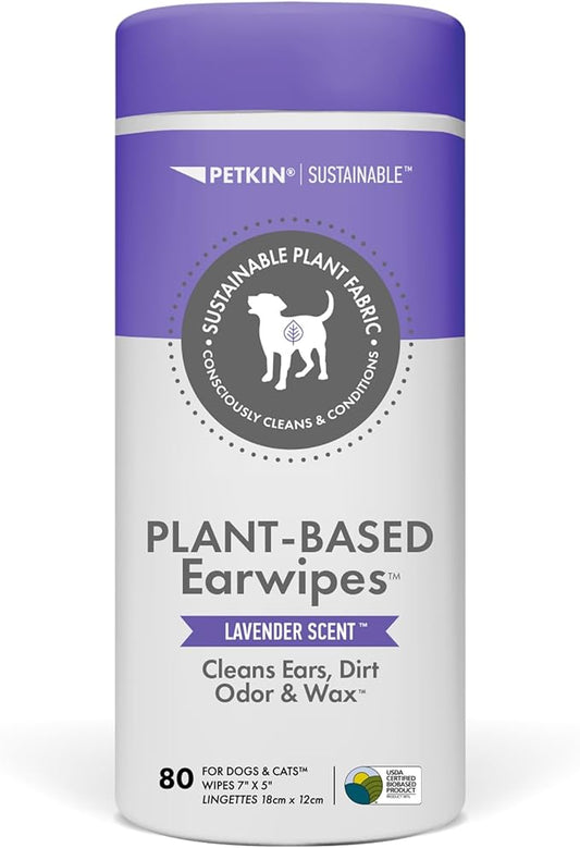 Petkin Plant-Based EarWipes, 80 Wipes - Biobased & Sustainable Pet Ear Wipes for Dogs & Cats - Cleans Ear Area, Dirt, Odor & Wax - Consciously Cleans & Conditions - Easy to Use - Lavender