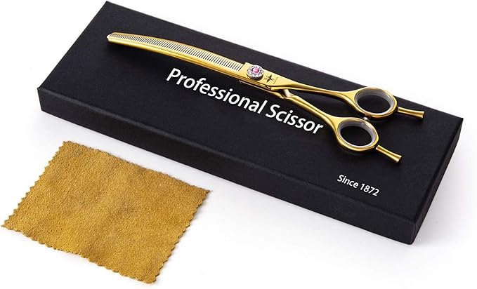 PURPLEBIRD 7 Inch Downward Curved Dog Grooming Scissors Thinning Texturizing Shears Professional Safety Blunt Tip Trimming Shearing for Dogs Cats Face Paws Limbs Japanese Stainless Steel Yellow