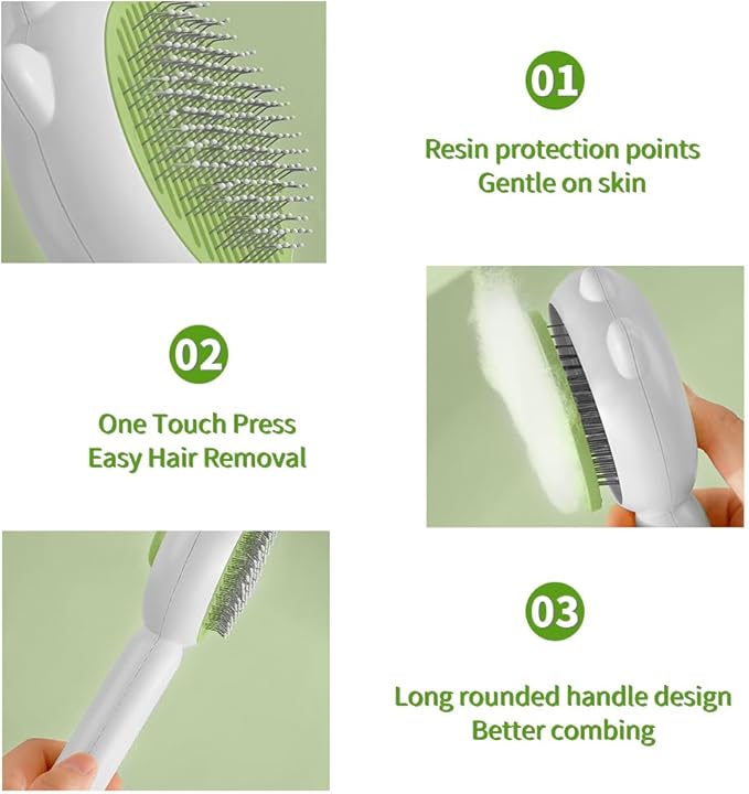 Indoor Universal Brush for Cats and Dogs, Self-Cleaning Pet Hair Brush with Release Button for Grooming Kittens and Puppies (green)