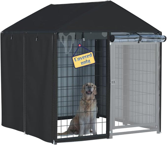 kennel cover,Full coverage kennel cover made of 600d heavy duty waterproof plus see-through clear material, outdoor wind and UV resistant, coverage only, black color.