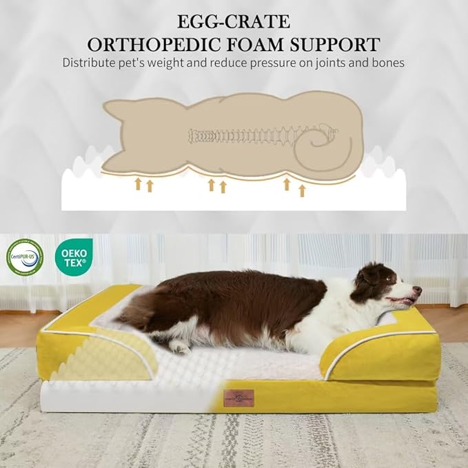 Waterproof Dog Beds Large Sized Dogs, Large Dog Beds Orthopedic Foam, Comfy Pet Bed Sofa with Washable Removable Cover & Non-Slip Bottom(Large,Spicy Mustard)