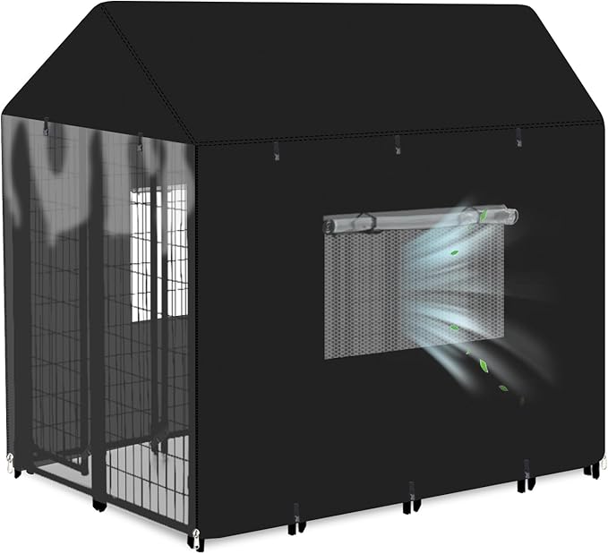 Outdoor Dog Kennel Cover Heavy Duty Full Coverage 600D Waterproof and Durable Dog Crate Cover for 8'Dx4'Wx6'H Multiple Brands of Dogs Kennelswith Mesh Breathable Good Observation(Covers Only)