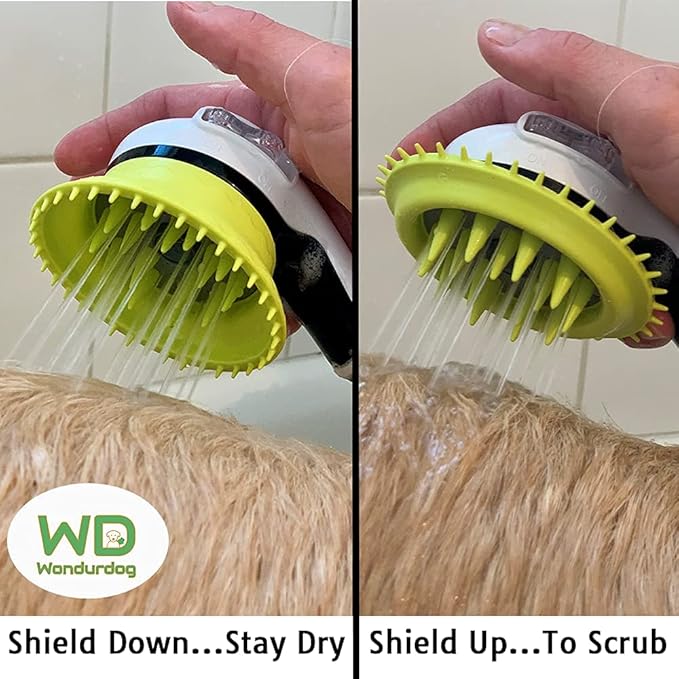 WD Handheld Shower Brush with On/Off Switch | Shield Water While Brushing and Washing Simultaneously | Dog Washing Shower Attachment