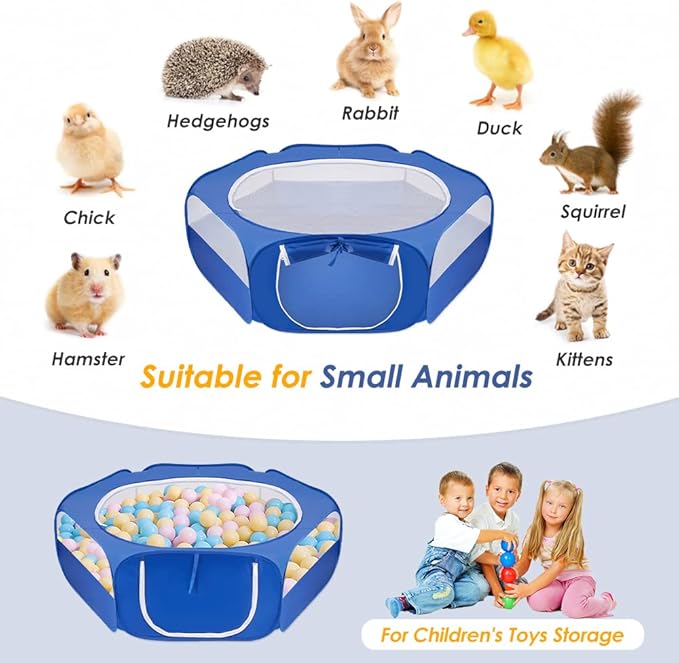 SlowTon Small Animal Playpen Portable - Durable Cat Playpen with Reinforced Mesh, Foldable Pet Playpen Exercise Play Pen with Zipper Top Cover Puppy Fence Kitten Rabbit Ferret Chinchilla (M,Blue)