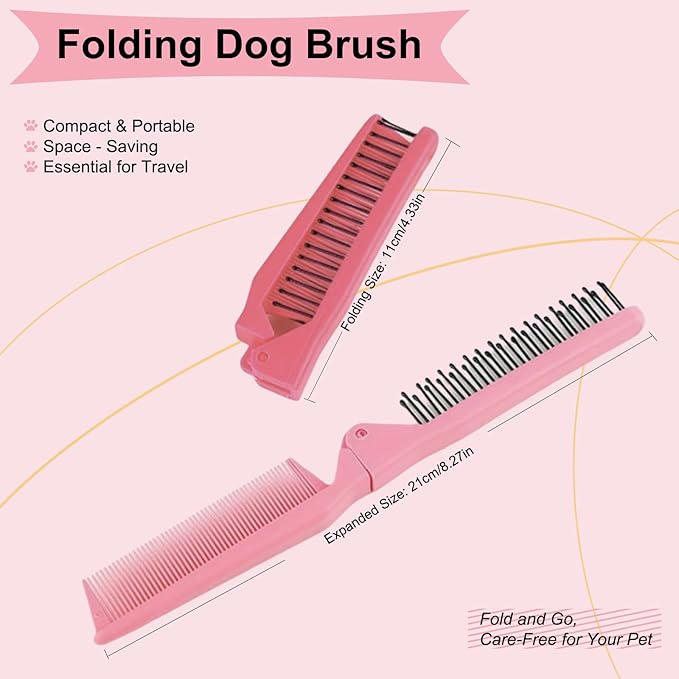 Folding Small Dog Grooming Brush - Perfect for Shih Tzus, Yorkies, and Maltipoos - Ideal Puppy Hair Brushes for Maltese and Small Breeds(Hot Pink)