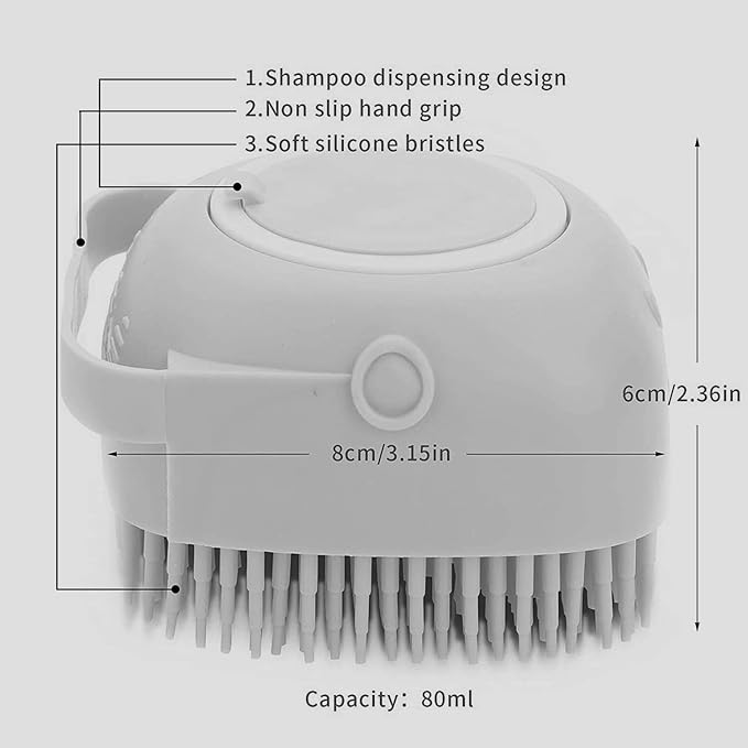 NICESHOP Dog Cat Bath Brush Comb Silicone Rubber Dog Grooming Brush Silicone Puppy Massage Brush Hair Fur Grooming Cleaning Brush Soft Shampoo Dispenser (GRAY)