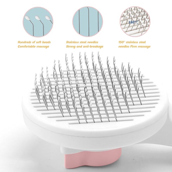 Grooming Brush with Release Button - Nail Trimmer, Hair Cleaner Brush for Shedding Long or Short Hair Cats and Dogs, Pet Massage Brush Pink