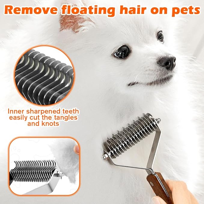 Professional Pet Grooming Brush, Dog Combs with Wood Handle, Double Sided Undercoat Dematting Comb Tool for Dogs and Cats - Remove Loose Hair & Matted Fur