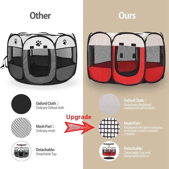 Foldable Pet Dog Playpen, Pop Up Portable Cat Playpen, Indoor/Outdoor for Kitten Puppy Play Pen, Cats Crate Tent with Carrying Bag, 600D Oxford (Red + Beige, Medium (31.5"x31.5"x23"), 8)