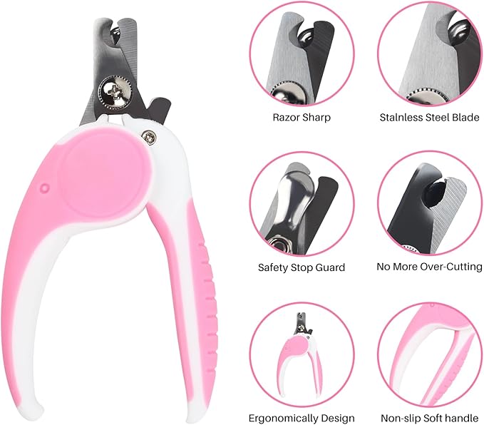 Pet Nail Clippers, Dog Nail Trimmers with Safety Guard to Avoid Excessive Cutting Nails, Dog Grooming Clippers has a Variety of Colors Suitable for Dogs, Cats and Other Pets(Pink)