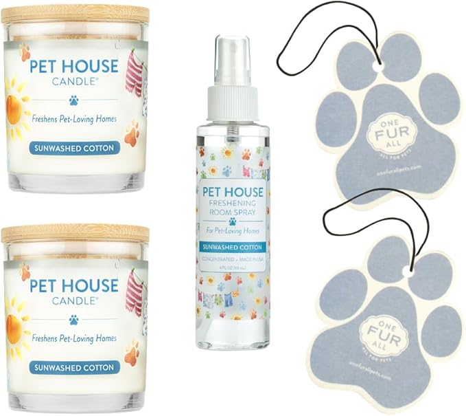 One Fur All Value Pack - Pet Friendly Candles, Room Spray and Car Air Freshener, Long Lasting Plant-Based Pet Odor Candles for Home - Sunwashed Cotton