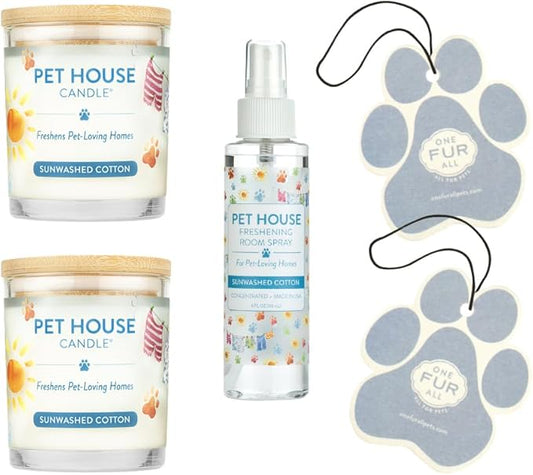 One Fur All Value Pack - Pet Friendly Candles, Room Spray and Car Air Freshener, Long Lasting Plant-Based Pet Odor Candles for Home - Sunwashed Cotton
