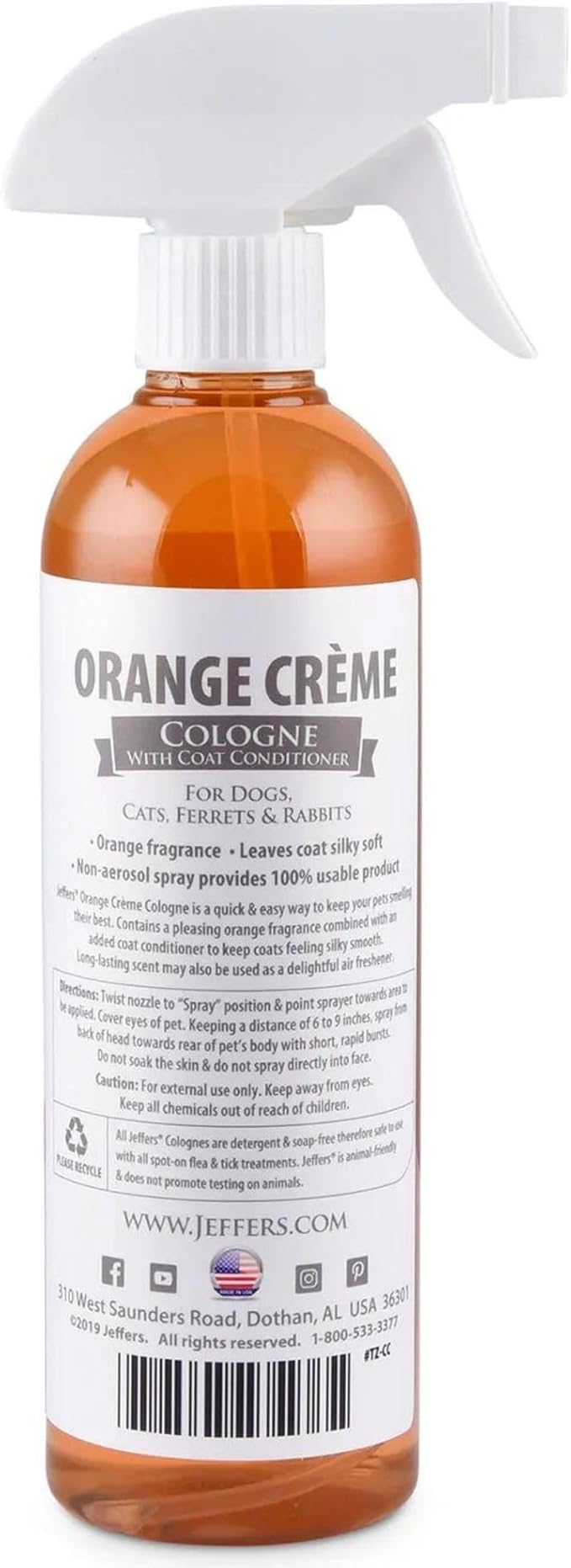 Jeffers Pet Cologne for Dogs, Cats, Rabbits & Ferrets, Orange Creme 16oz – Soap-Free, Conditioner for Silky Coats, Safe & Fresh Fragrance, Deodorizing Spray for Pets, Grooming Essentials