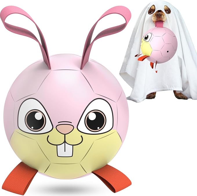 QDAN Rabbit Dog Toys Soccer Ball with Straps, Easter Day Dog Toys for Medium Small Dogs, Interactive Dog Balls for Tug of War, Herding Dog Ball Toys Outdoor Indoor (6 Inch)