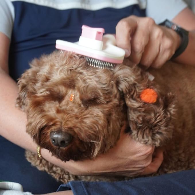 Self-Cleaning Pet Grooming Brush for Dogs & Cats - Bent Needle Bristles for Shedding & Massage - Easy to Clean, Durable Design (Pink)