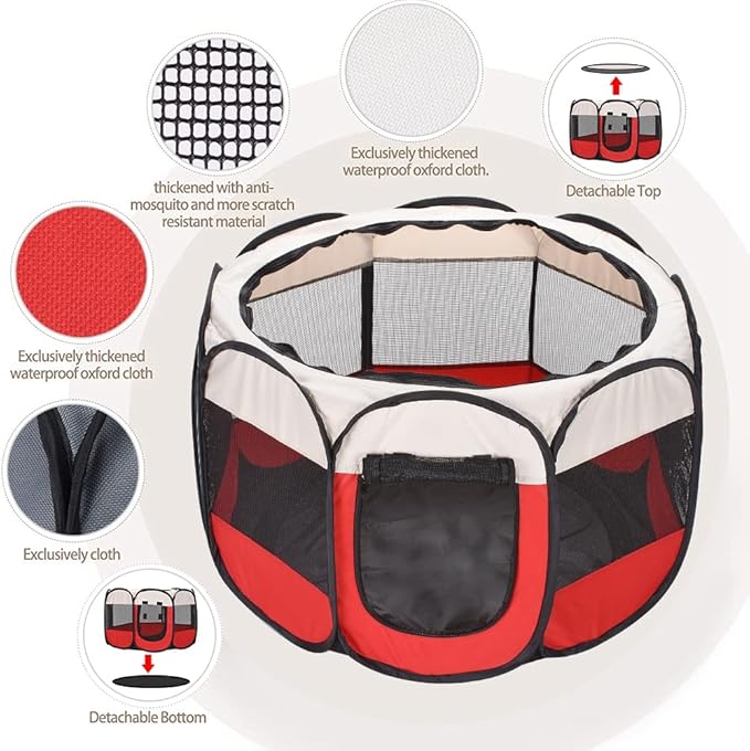 Foldable Pet Dog Playpen, Pop Up Portable Cat Playpen, Indoor/Outdoor for Kitten Puppy Play Pen, Cats Crate Tent with Carrying Bag, 600D Oxford (Red + Beige, Medium (31.5"x31.5"x23"), 8)