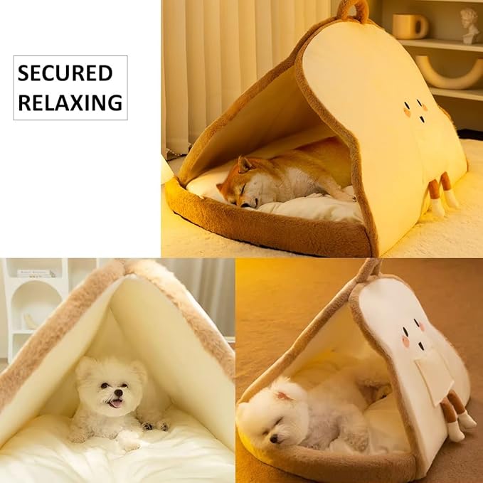 Portable Pet Cave for Puppy Kitten Cute Toast Design for Small Pets Cosy Cuddler (M:up to 5.5lbs)