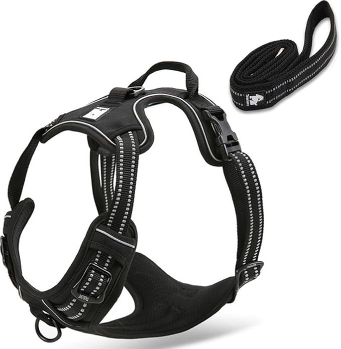 Reflective Nylon No-Pull Dog Harness and Training Leash Set Padded Durable Adjustable(L, Black Set)