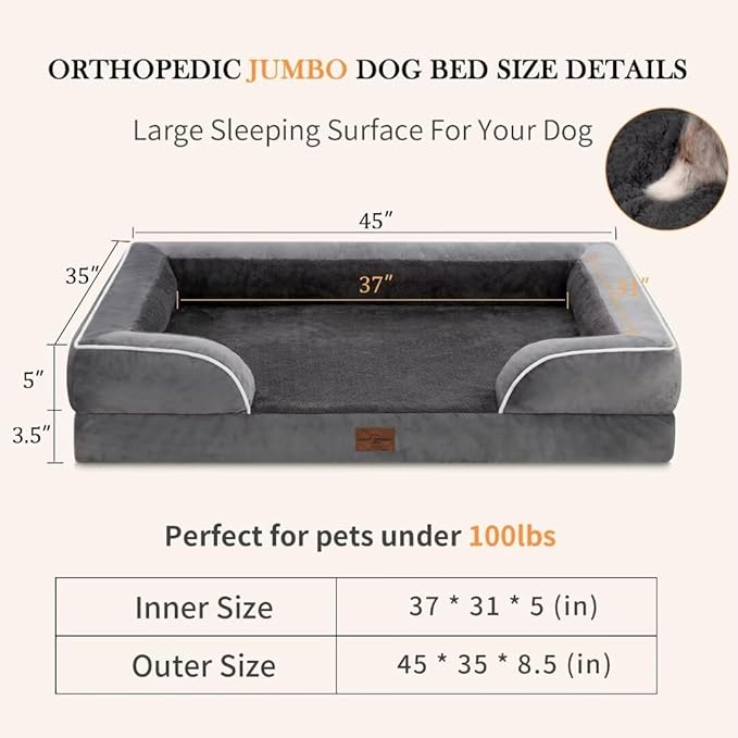 Cooling Dog Bed, Jumbo Dog Bed for Extra Large Dogs, Memory Foam Orthopedic Dog Bed, Jumbo Breed Dog Bed, Waterproof Dog Bed with Bolster & Removable Cover(Jumbo,Leaden Grey)