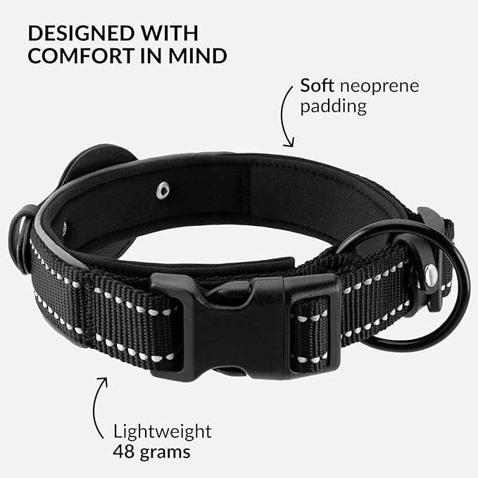 CollarDirect Airtag Dog Collar Reflective Nylon Neoprene Leather Holder for Apple Air Tag for Large, Medium, and Small Dogs (Black, M, 13.5-16.5 Inch)