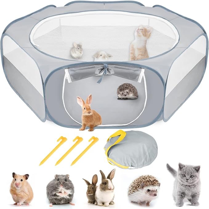 SlowTon Small Animal Playpen Portable - Durable Cat Playpen with Reinforced Mesh, Foldable Pet Playpen Exercise Play Pen with Zipper Top Cover Puppy Fence Kitten Rabbit Ferret Chinchilla (M,Grey)