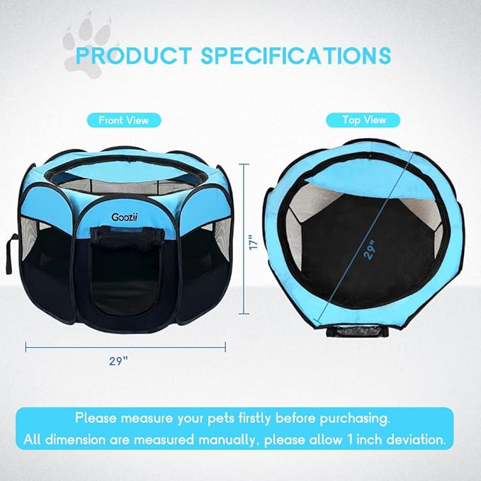 Dog Playpen Portable Collapsible, Indoor Outdoor Pet Puppy Exercise Playpens Case with Zipper Door Top Cover Floor for Large Cat Rabbit Travel Camping (Small Size, Black/Blue)